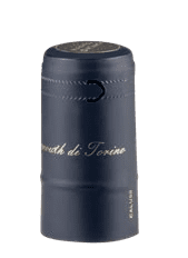 Close-up of a wine bottle neck with a dark blue capsule.