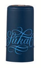 Close-up of a blue bottle with elegant cursive text.