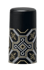A black bottle with intricate white and gold geometric patterns.