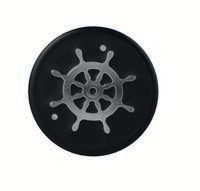 A black circular badge with a white ship wheel design.