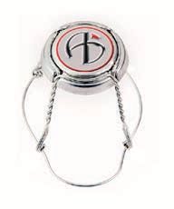 A metal champagne bottle cap with a wire cage.