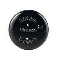 Black round button with embossed text and symbols.