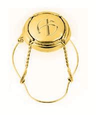 Golden champagne bottle wire cage with a logo on top.