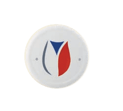 Round emblem with abstract red and blue shapes on a white background.