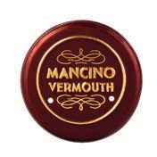 A circular Mancino Vermouth logo with elegant golden text on a dark red background.