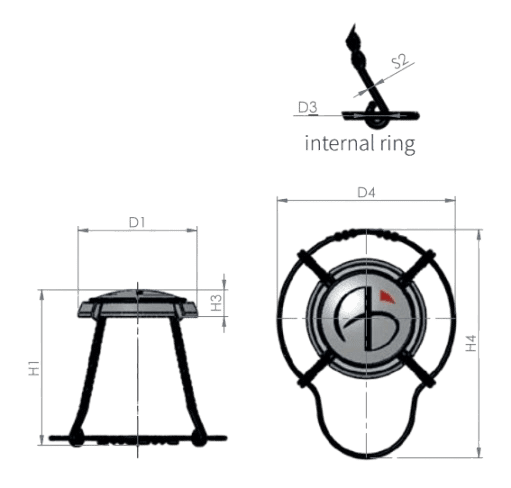 Technical drawing of a mechanical device with dimensions and side views.