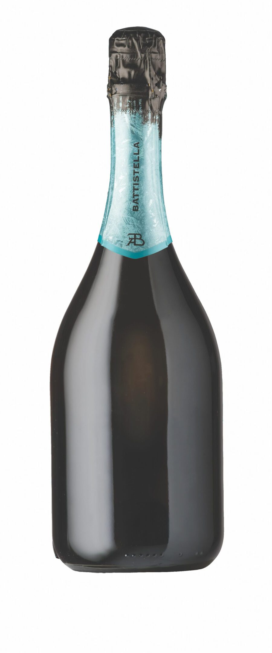 A dark bottle with a light blue foil cap, likely for sparkling wine or champagne.