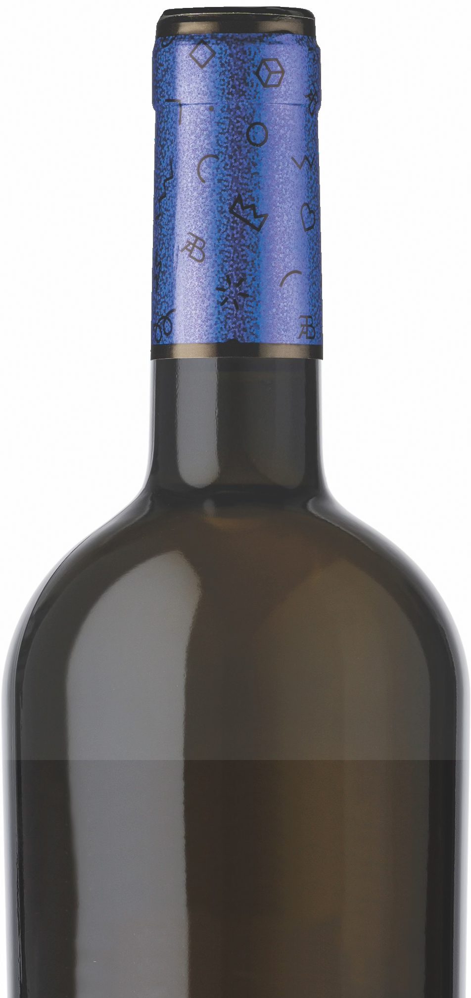 A close-up of a wine bottle neck with a blue foil capsule.