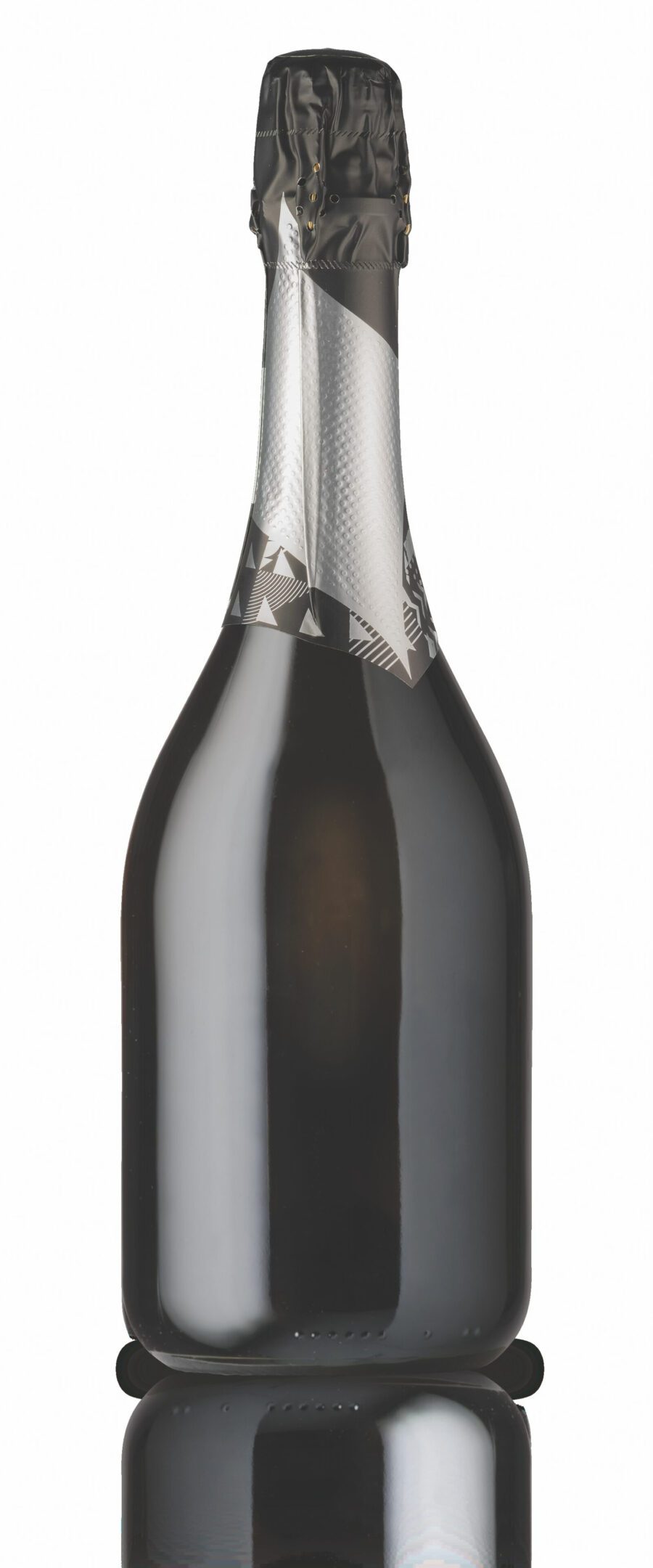 A sleek black champagne bottle with a silver foil top.