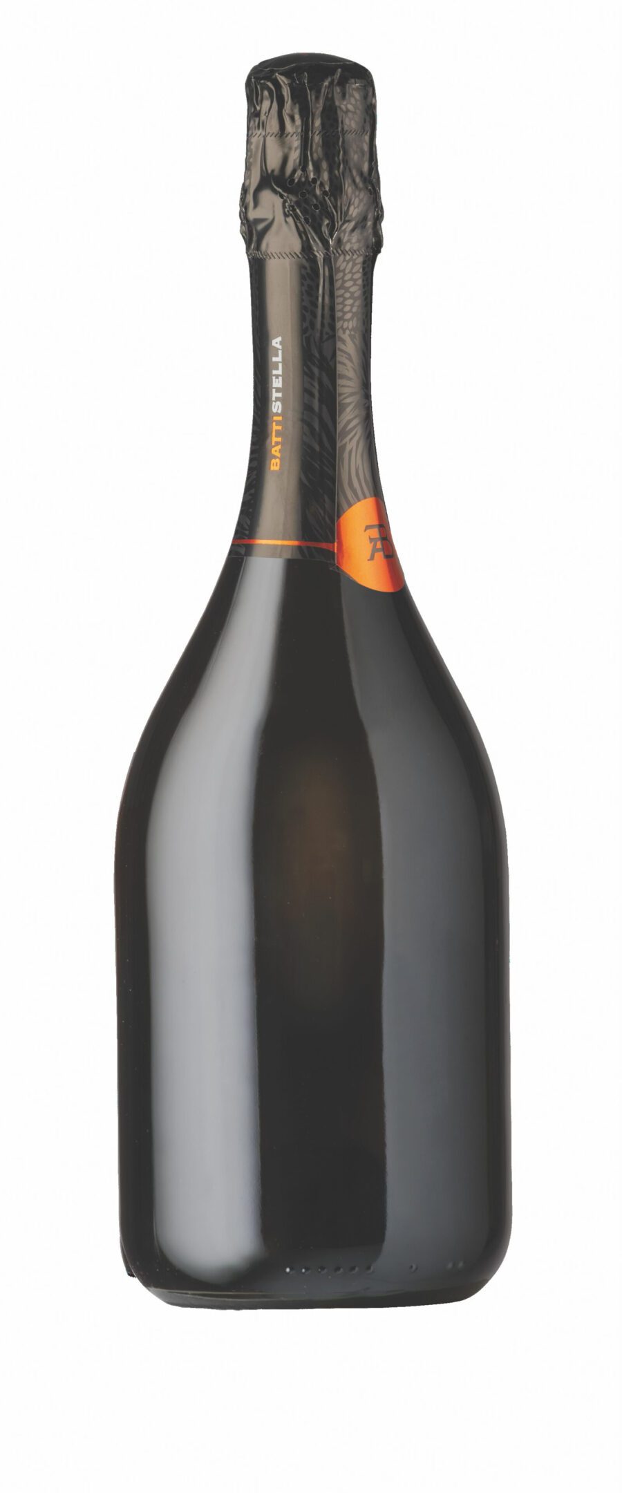 A large dark bottle of sparkling wine with an orange label on the neck.