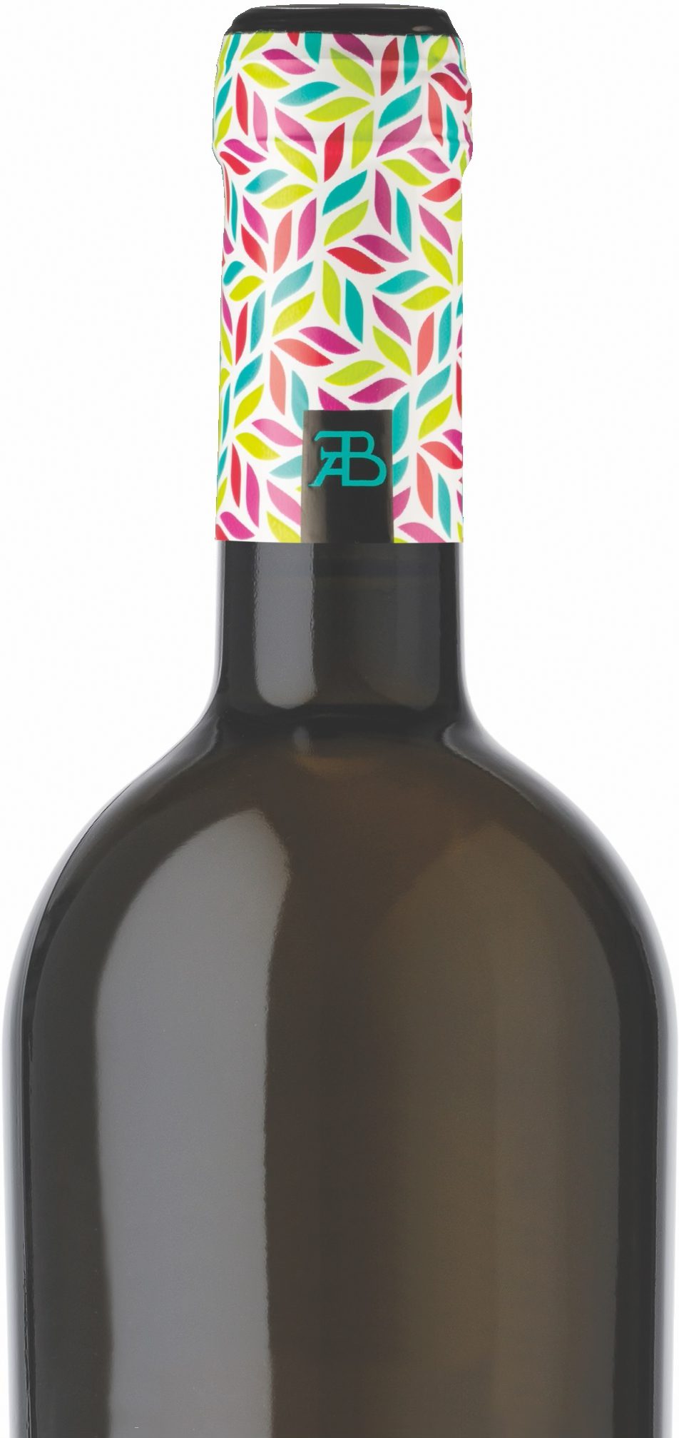 Close-up of a dark bottle neck with a colorful patterned cap.