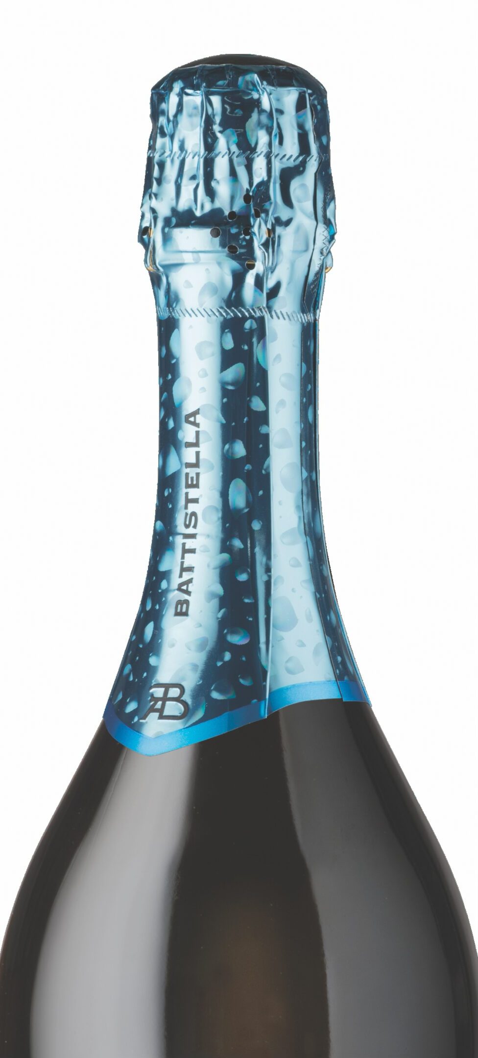 Close-up of a blue sparkling wine bottle neck with Batisteka label.
